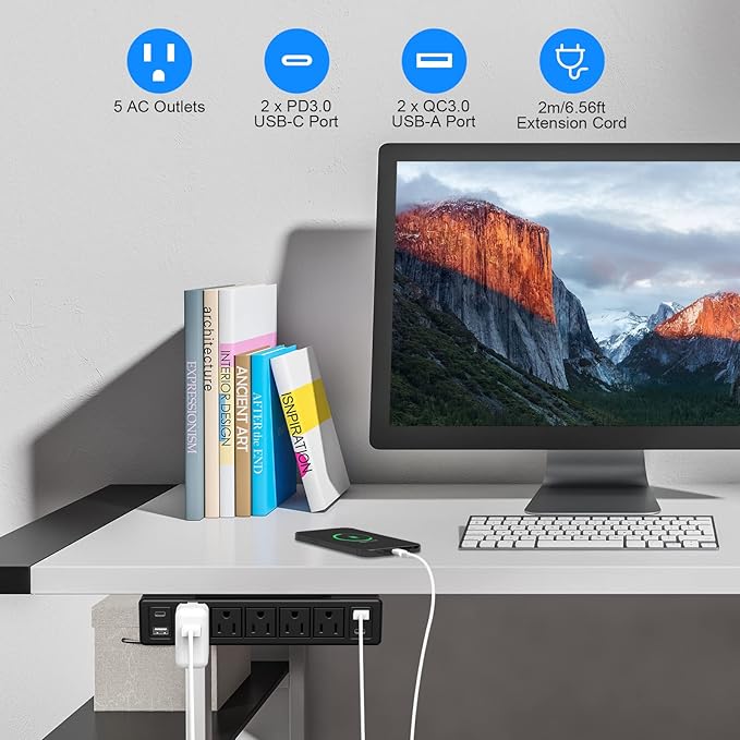 40W Under Desk Power Strip Mountable,20W USB-C Fast Charging Flat Plug Power Strip Surge Protector 1200J,9 in 1 Desk Outlet,5 Outlets,2 USB-C,2 USB-A,6FT Extension Cord Black