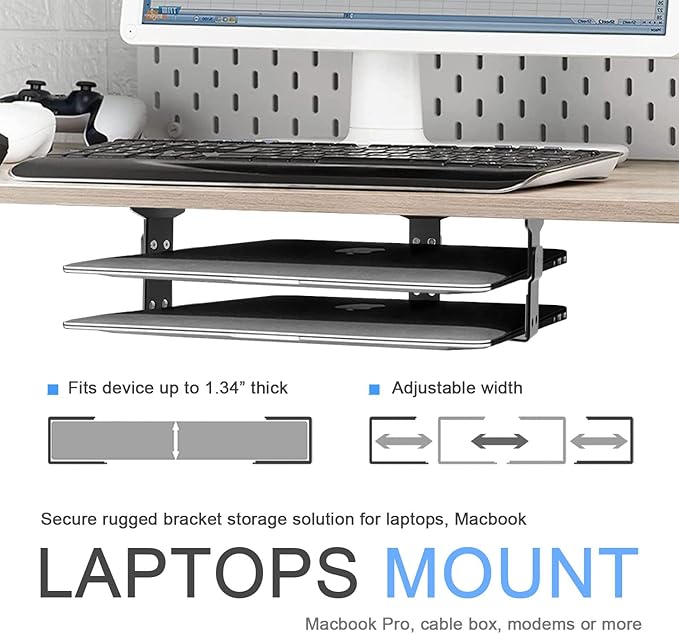 IFCASE 2 Tier Under Desk Laptop Mount, Double Decker Metal Under Desk Shelf Holder for Laptop, MacBook Pro, Keyboard with Anti-Scratch Silicone (Silver)