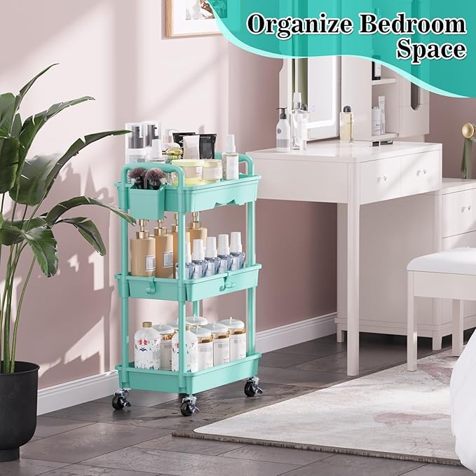 3-Tier Rolling Cart with Drawer & Lockable Wheels, Blue