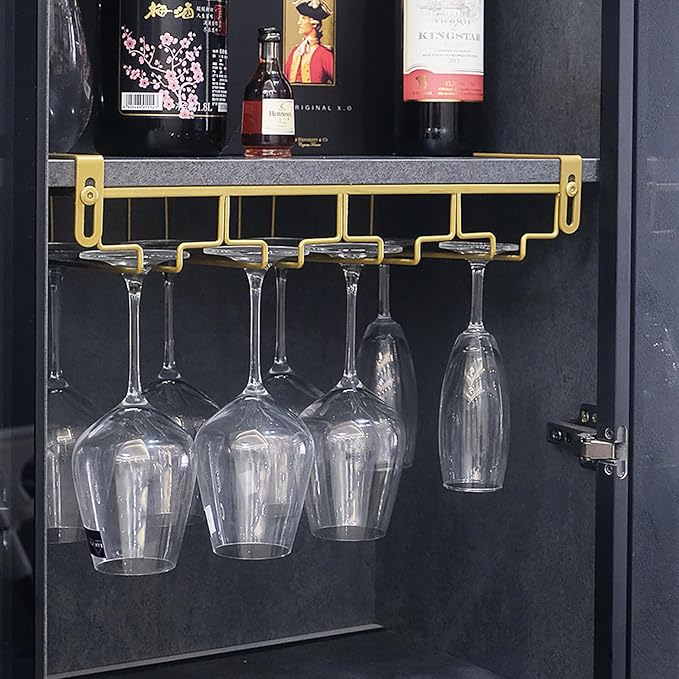 Adjustable Under Cabinet Stemware Holder - Metal Wine Glass Hanger Organizer for Kitchen, Bar, Shelf - Rustproof Hanging Storage Rack for 6-8 Glasses - Space Saving Decor (Gold, 4 Rows)
