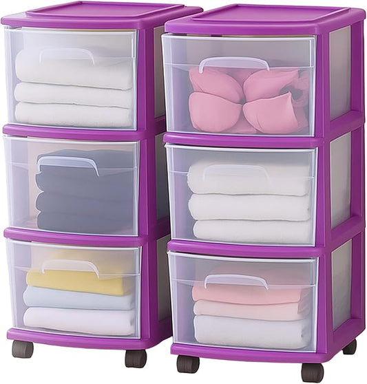 2-Pack Drawer Tower, 3-Tier Clear Plastic Storage Organizer Cart, Purple Frame