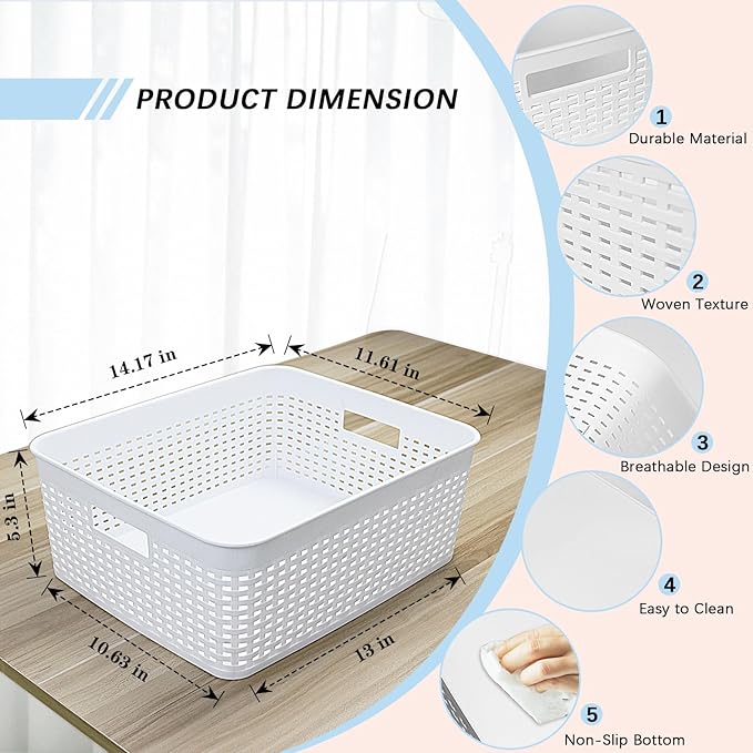 Plastic Storage Baskets for Cabinets, White, L-3PACK