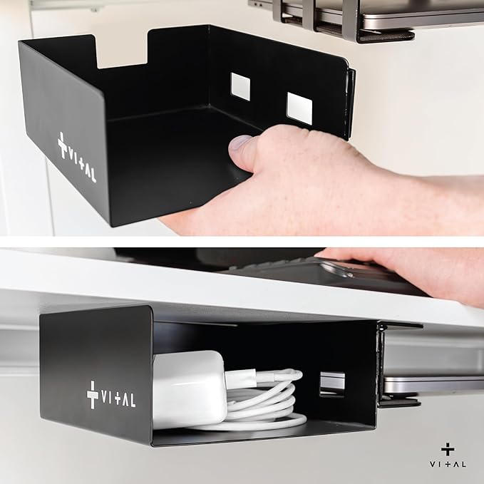VI+AL Under Desk Laptop Mount - Hidden Metal Shelf with Side Storage - Installs with Tape & Screws - Fits Devices up to 1.7" Thick - Standard (No Hook or Cable Organizer)