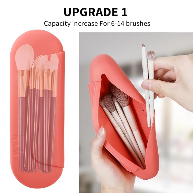 AGIKET Silicone Makeup Brush Holder Travel Cosmetic Bag：Soft Portable Cosmetic Face Brushes Holder with Upgrade Anti-Fall Out Magnetic Closure, Large Travel Makeup Brush Case - Guava