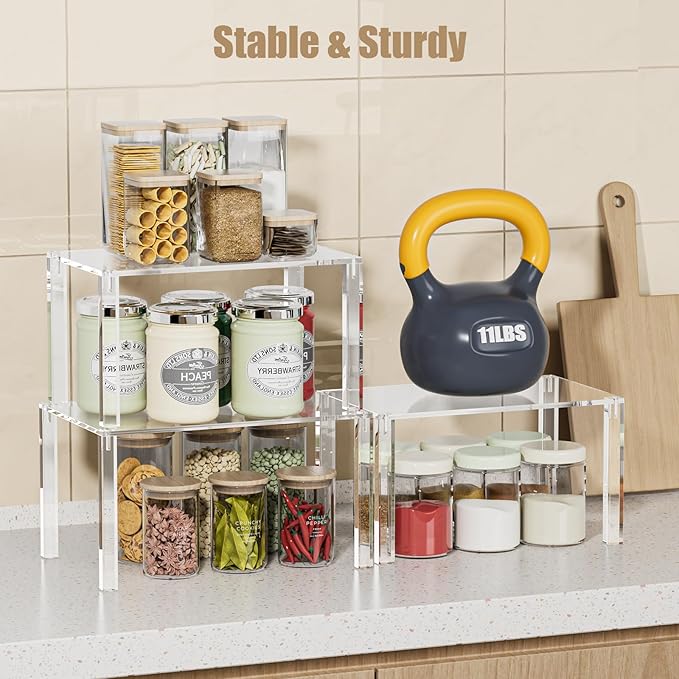YUNEASELF Clear Cabinet Organizer: Acrylic Shelf Riser Set of 4 for Kitchen Pantry Organizers and Storage - Countertop Spice Rack for Cabinet - Stackable Display Shelf Decor for Gift