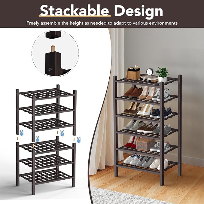 Haddockway Small 3 Tier Bamboo Shoe Rack Storage Organizer, Multifunctional Free Standing Stackable Shoe Shelf with Grid Panel for Closet,Hallway,Entryway,Small Space 18"x11"x17"