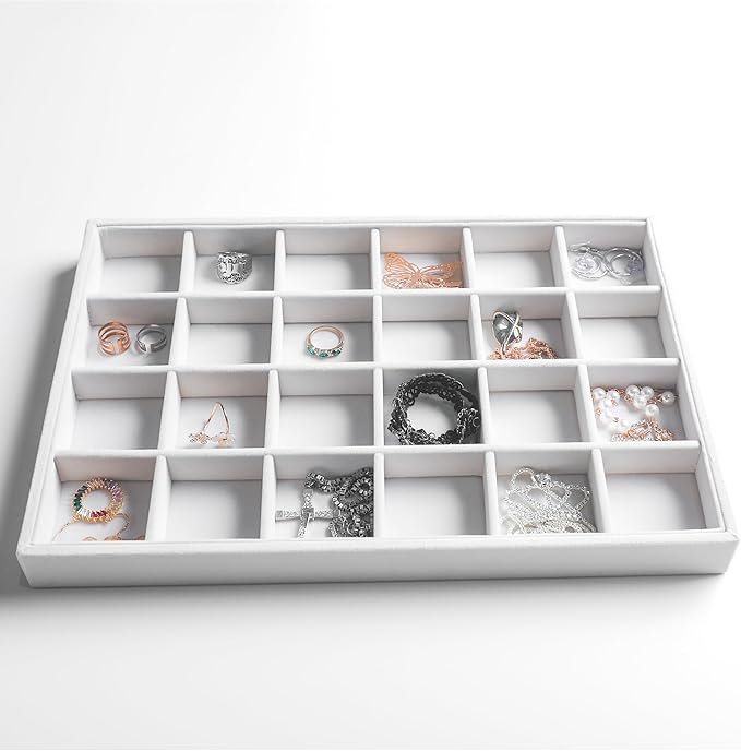 Frebeauty Stackable Velvet Jewelry Organizer Trays for Drawers Inserts Jewelry Storage Tray Display Case, Stud Earrings Bracelets Necklace Rings Accessories Trays for Women(Set of 2)(White)