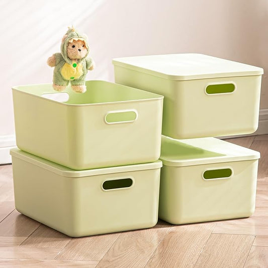4 pack large plastic White storage bins with Lids, Light Green, 4M