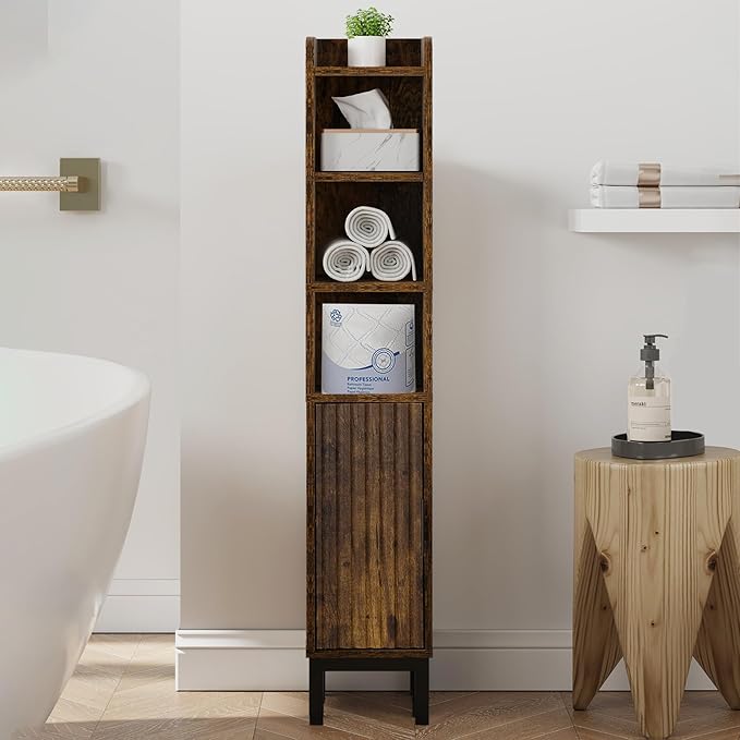 FerniTry Narrow Bathroom Storage Cabinet, Corner Toilet Paper Floor Cabinet 5 Tiers with Door and Shelves,Bathroom Organizer with Adjustable Shelf, for Small Spaces(Rustic Brown)