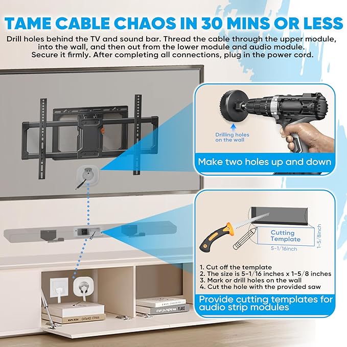 in-Wall Cable Management Kit for TV & Soundbar - Hide Cords Behind Wall Mounted TV with Power Relocation, Includes Drywall Saw & Hole Saw - DIY Home Theater & Gaming Setup