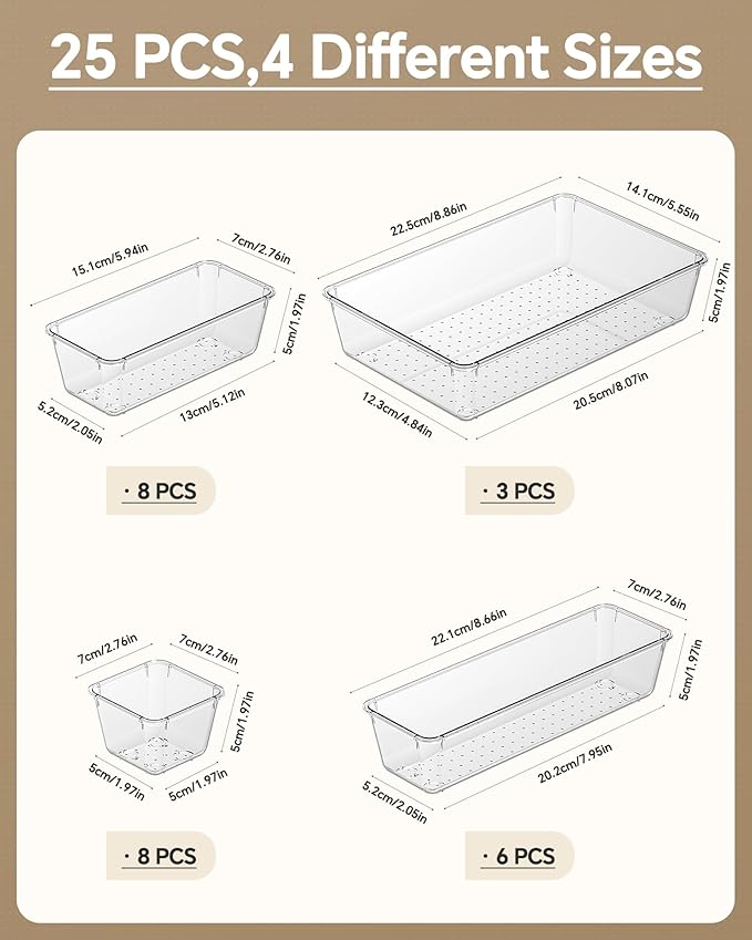 25 PCS Plastic Drawer Organizers Set, 4 Sizes Vanity Organizer, Clear