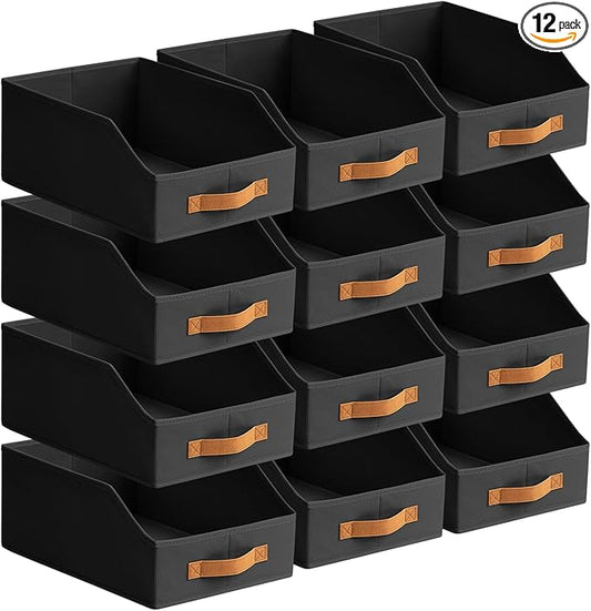 Homsorout Fabric Storage Bins for Organizing - 12 Pack Large Trapezoid Collapsible Storage Bins with Front Handle, Closet Organizers and Storage for Bedroom, Home Shelves, Small Spaces, Black