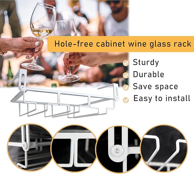 Adjustable Under Cabinet Stemware Holder, White, 3 Rows