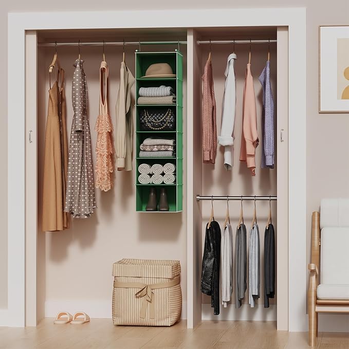 MAX Houser 6-Shelf Hanging Closet Organizer, Hanging Storage Shelves with 2 Sturdy Hooks Space-Saving for Bedroom, Foldable (Green)