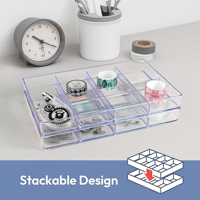 carrotez Small Stackable Jewelry Organizer Tray, 8 Grid, Clear Plastic Drawer Organizer for Makeup, Accessories, Desk, Vanity