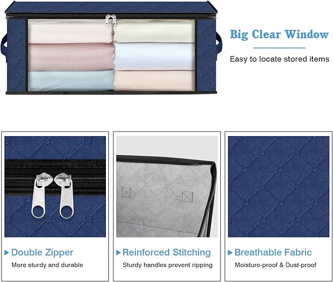 HomeHacks Storage 4-Pack Clothes Organizer Storage Bags Foldable Storage Box with Large Clear Window Sturdy Handles for Closet, Dorm, Pillows, Bedding, Clothes, Blankets, 35L, Blue