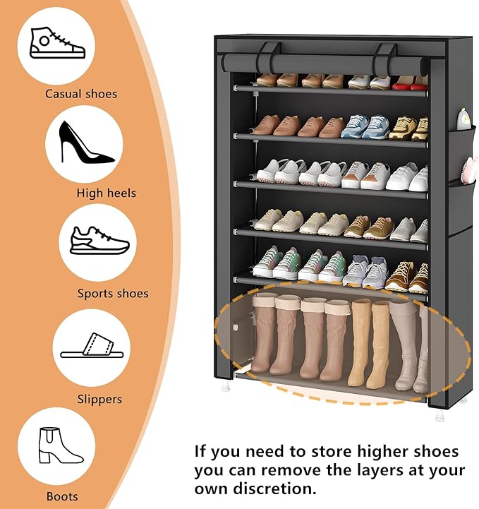 Laiensia 7-Tier Vertical Shoe Rack Organizer, Space Saving Shoe Storage Organizer, Non-Woven Cover Shoe Shelf Holds 28-35 Pairs for Bedroom, Hallway, Closet Entryway, Grey