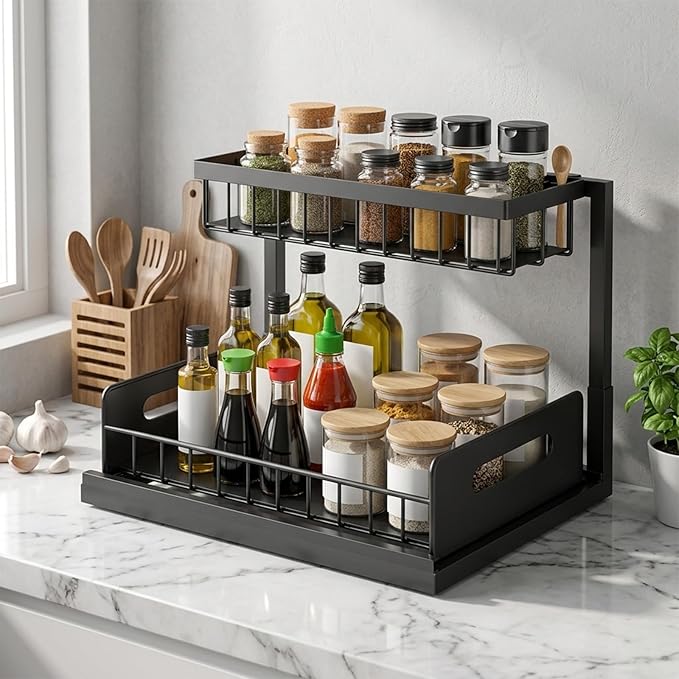 Under-Sink Storage Organizer (2-Pack) — Double-Tier Pull-Out Cabinet Organizer with Sliding Drawers ，Heavy-Duty & Versatile Storage Rack for Kitchen, Bathroom, and Pantry，Black