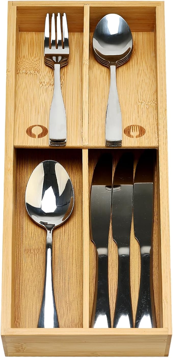 Small Bamboo Silverware Organizer for Drawer Utensil Tray Wood Cutlery Organizer