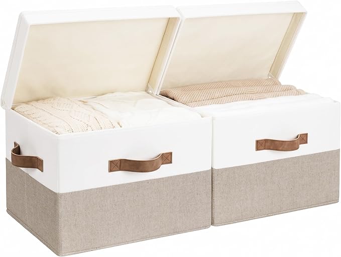 StorageWorks Fabric Storage Bins with Lid, Decorative Storage Boxes for Shelves, Stackable Closet Organizer Basket with Handles, Large, Brown and White, 2-Pack