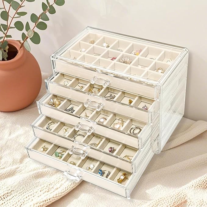 Acrylic Earring Holder Organizer with 5 Drawers Clear Earring Organizer Box with 90 Adjustable Grids Velvet Earring Display Case Jewelry Organizer for Earrings Rings Studs (Beige)