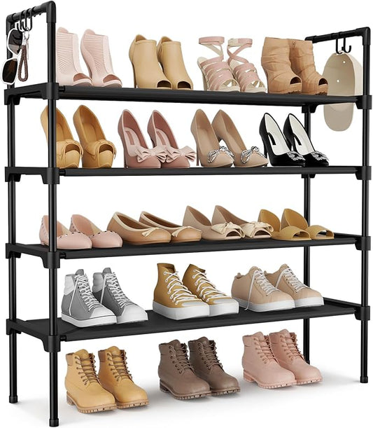 4 Tier Shoe Rack for Closet Shoe Organizer with 5 Hooks, Black
