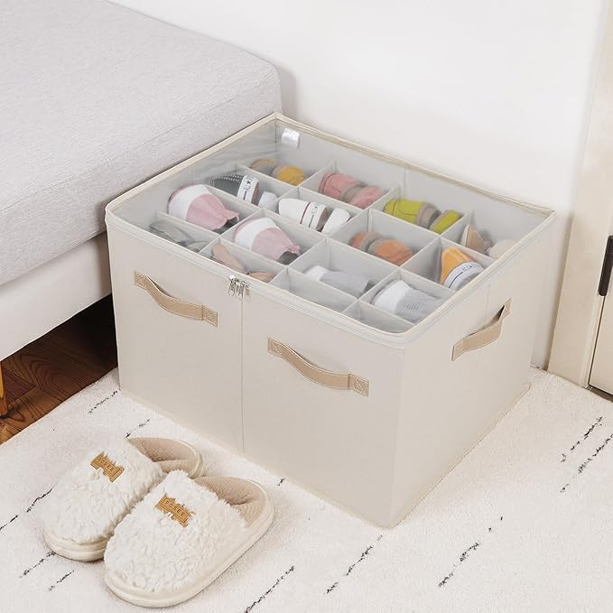 TOPIA HOME Shoe Organizer for Closet 2 Pack, Foldable Shoe Box with Adjustable Dividers and Clear Cover, Space Saving Shoe Storage Organizer Cabinet with Reinforced Handles, Fits 32 Pairs Beige TP12Y