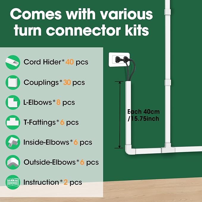 AZEN Cord Hider Kit, 630in Cord Covers for Wires on Wall, Paintable Wire Covers for Cords on Wall, Self-Adhesive Cable Hider Cord Organizer, 40X L15.75in X W0.96in x H0.57in