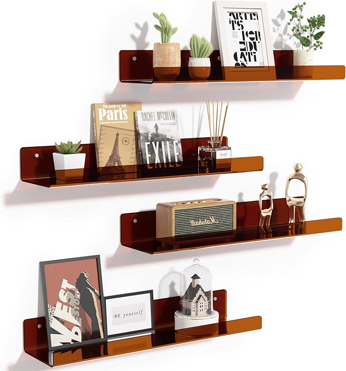 upsimples Acrylic Shelves for Wall Decor, 15" Display Shelf Perfume Organizer for Bathroom, Bedroom, Living Room, Floating Bookshelves for Kids, Clear Brown, 4 Pack
