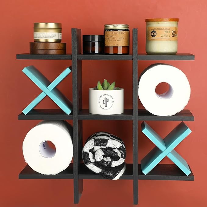 Weysat Tic Tac Toe Toilet Paper Holder Stand Bathroom Wall Decor Rustic Wooden Hanging Storage Freestanding Wall Mounted Shelves Decor for Toilet Tissue Farmhouse