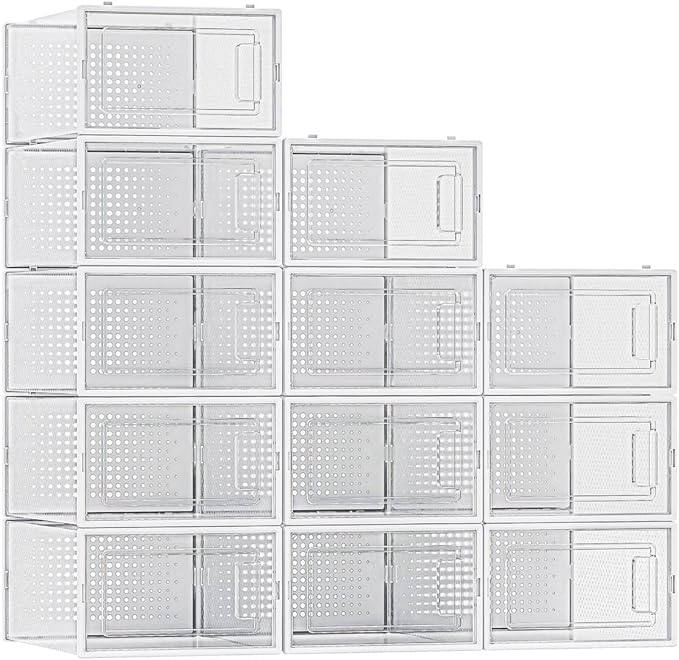 12 Pack Shoe Organizer Storage Bins, Clear Plastic Stackable Shoe Boxes for Closet, Space Saving Foldable Shoe Storage Bins, Sneaker Storage Shoe Box Container, White Frame