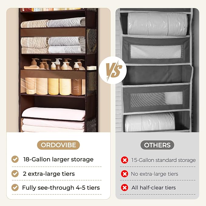 5 Tiers Over Door Organizer with 10 Mesh Side Pockets, Dark Brown