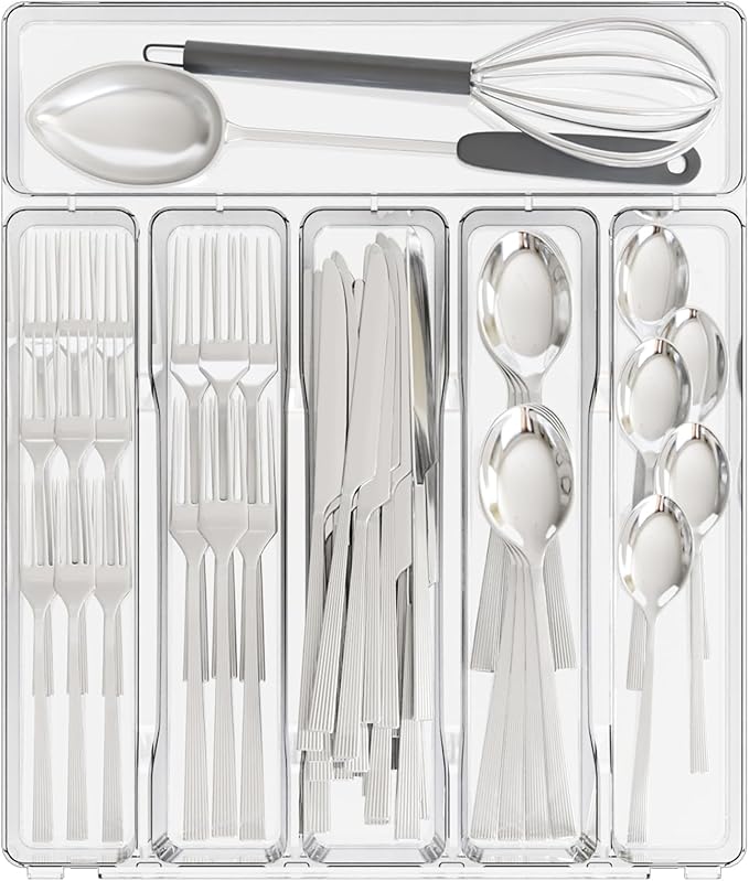 Clear Large Silverware Organizer 12 inch Wide for Kitchen Drawers