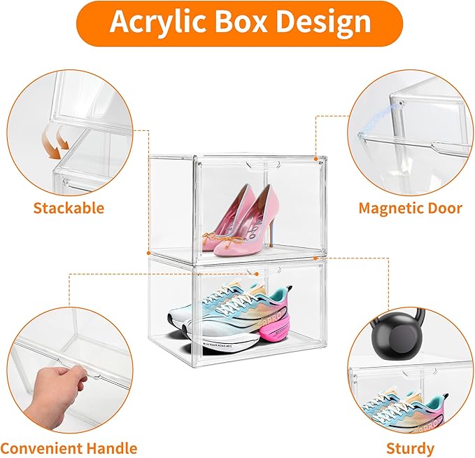 2 Pack Clear Acrylic Sneaker Shoe Display Case,Shoe Storage Boxes Stackable,Acrylic Boxes for Shoes Display with Lid,Boot Storage Organizer for Tall Boot,Purse Handbag Organizer for Closet