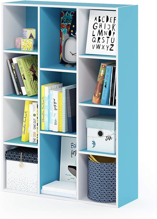 Furinno LUDER Book Shelf, 11-Cube Bookshelf, White/Light Blue