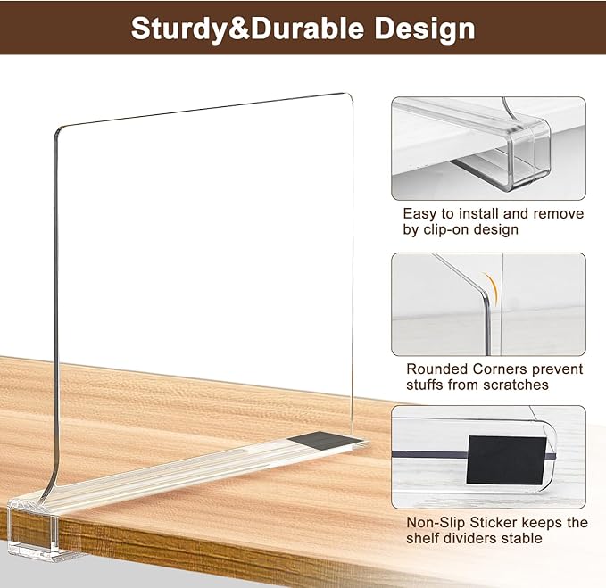 12 Pack Shelf Dividers, Adjustable Shelf Dividers for Closet Organization with Non-Slip Design, Clear Acrylic Shelf Dividers for Clothes, Handbags, Purses, Towels, Bookshelf in Home Organization