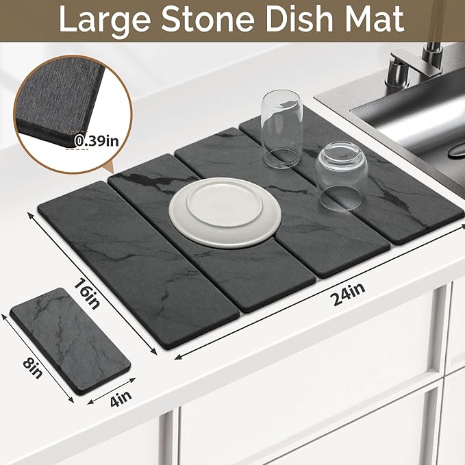 Large Stone Dish Drying Mat for Kitchen Counter, Dark gray 24"x16"&8"x4"