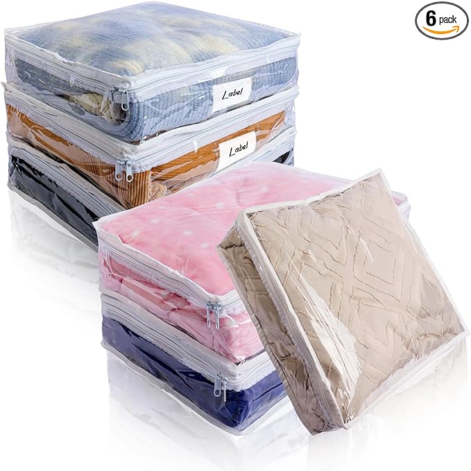 Clear Zippered Storage Bags Plastic Sweater Storage Bags with Zipper 6 Packs Clothing Organizer for Blankets Linen Sweater Bed Sheet Quilt Clothes Pillow (10.5 x 10.5 x 2.5 Inch, White)