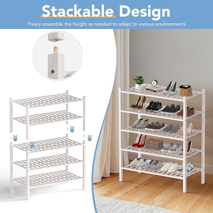 Haddockway Large 3 Tier Bamboo Shoe Rack Storage Organizer, Multifunctional Free Standing Stackable Shoe Shelf with Grid Panel for Closet,Hallway,Entryway,Small Space 27"x12"x21"