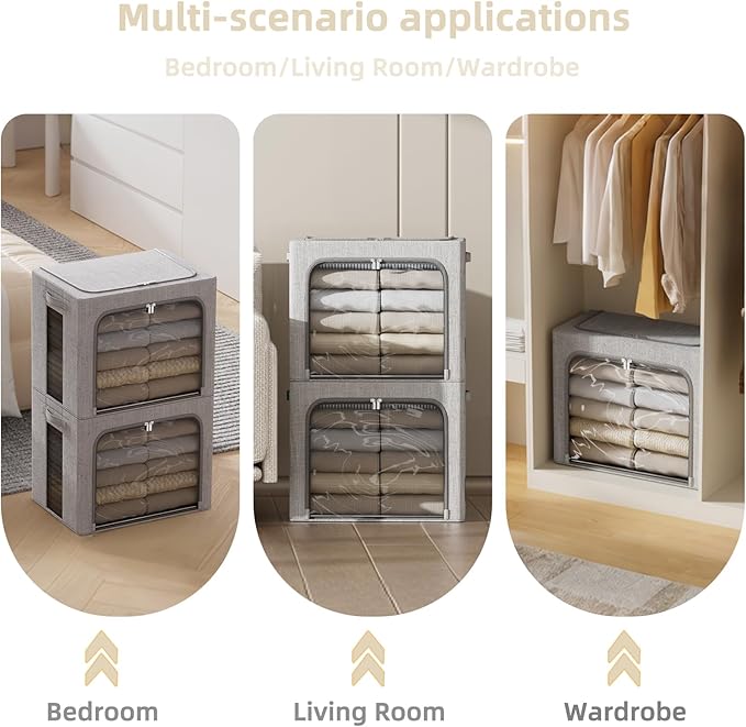 FHSQX 2 Pack Clear Window Storage Bins - Large Stackable Linen Fabric Storage for Clothes Foldable Container Organizer Set with Carrying Handles (Light Gray, 15.7x 11.8x 9.8Inch)