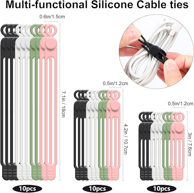 OneLeaf 30Pcs Cord Organizer, Silicone Cable Ties Reusable, Cord Ties for Electronics, Multipurpose Elastic Wire Ties, Travel Essentials for Cable Organizer, Wire Organizers for Fastening Cords