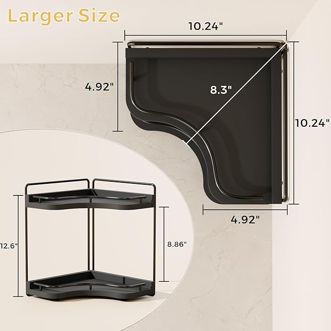 2-Tier Corner Bathroom Counter Organizers, Stable Wood Vanity Shelf for Perfume, Skincare & Makeup, Larger Size Countertop Organizer and Storage for Bathroom, Kitchen and Dresser(Black)