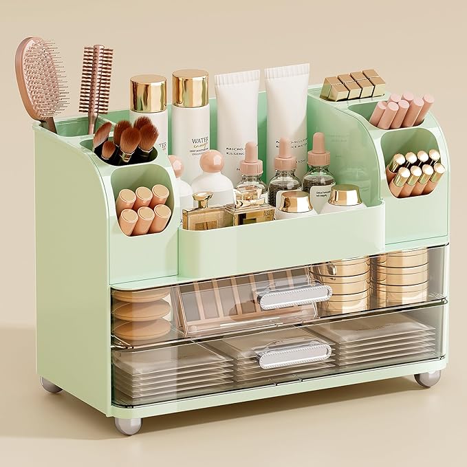 UFORU Makeup Organizer for Vanity with 2 Large Drawers, Cosmetic Display Case with Brush Holders, Easy to Storage for Bathroom Countertop Skincare, Perfume, Green