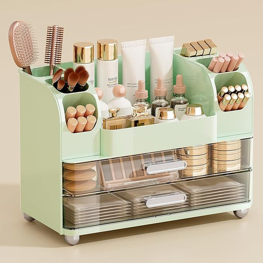 Makeup Organizer for Vanity with 2 Large Drawers, Green