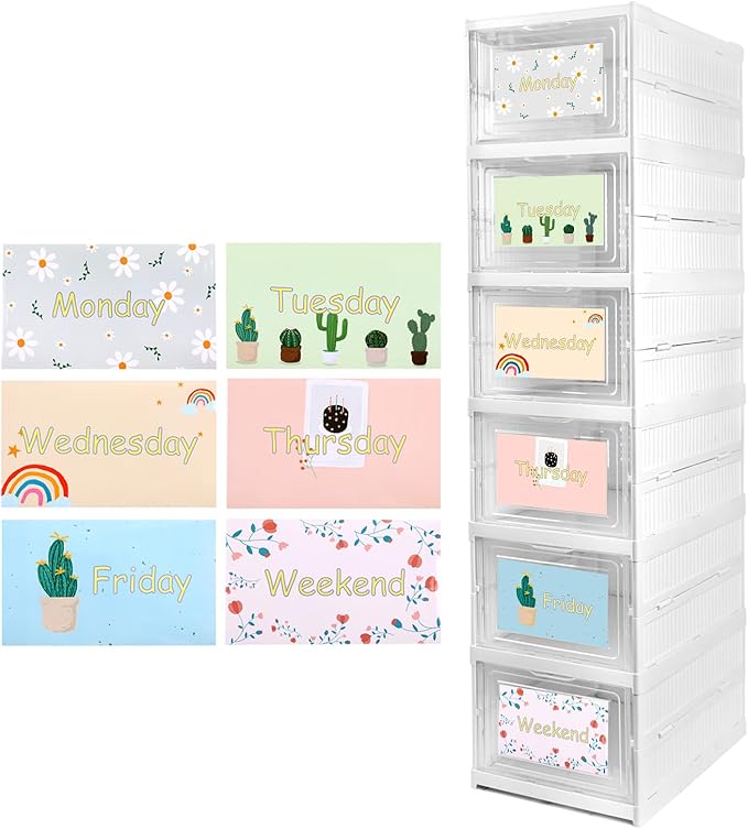 6 Shelf Weekly Clothes Organizer for Kids, Foldable Days of The Week Clothes Organizer with Door Hanging Closet Organizer Storage for Boys and Girls Monday Through Friday Essential Stuff (White)
