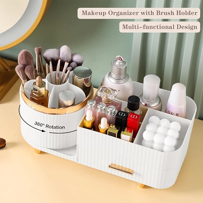 Rotating Makeup Organizer for Vanity with Brush Holder and Drawer, White