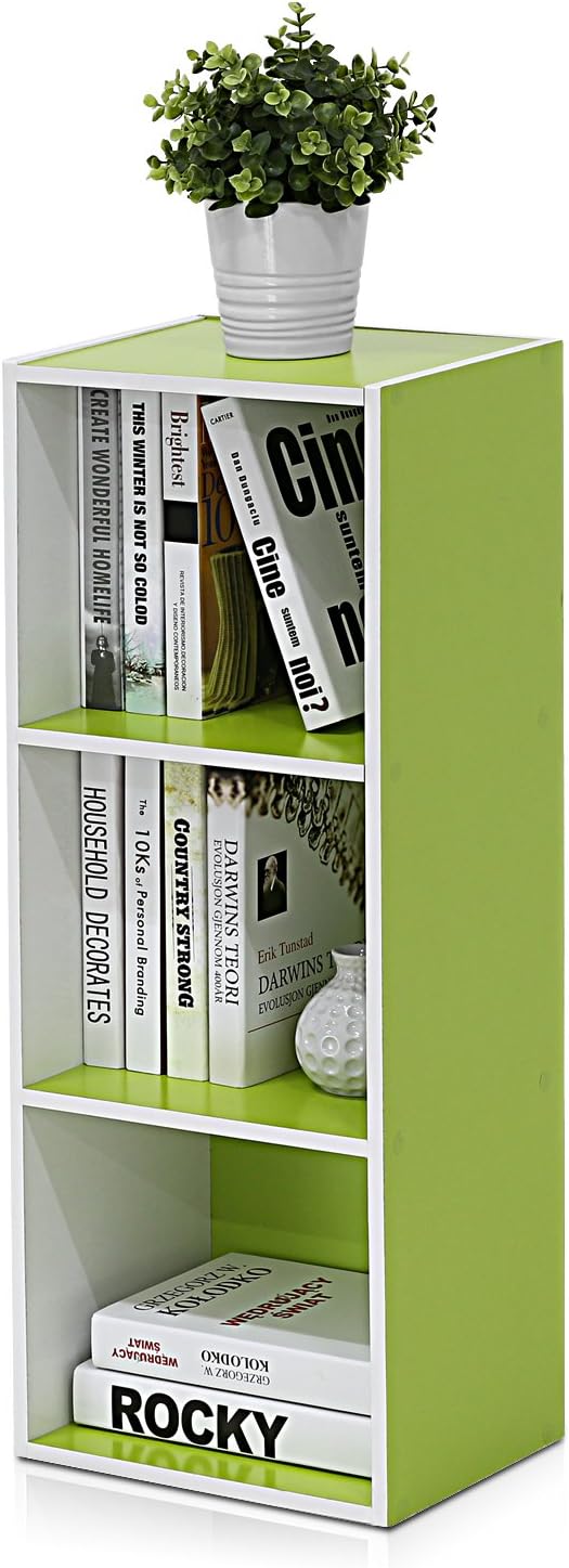 Furinno LUDER Book Shelf, 3-Cube Bookshelf, White/Green