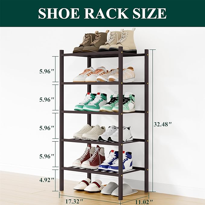 Smiry Small Bamboo Shoe Rack, 5 Tier Free Standing Wooden Shoe Organizer, Stackable Wood Shoe Storage Shelf for Closet, Entryway, 12 Vertical Slats, 2+2+1 Stack Standard Legs, 17.3"x11"x32.5", Brown