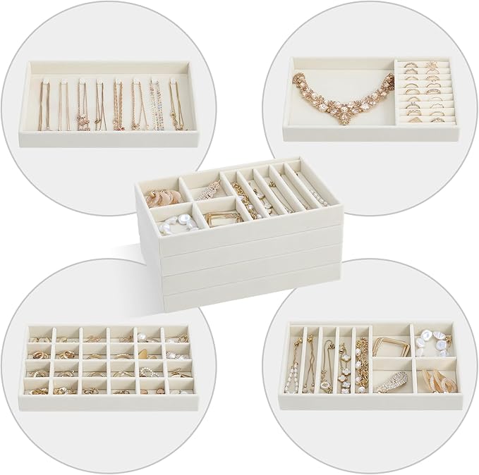 ProCase Stackable Jewelry Organizer Trays for Drawers, Jewelry Drawer Inserts Container Display Case Storage for Earring Necklace Rings Bracelet with Removable Dividers -Beige, 4 Layers
