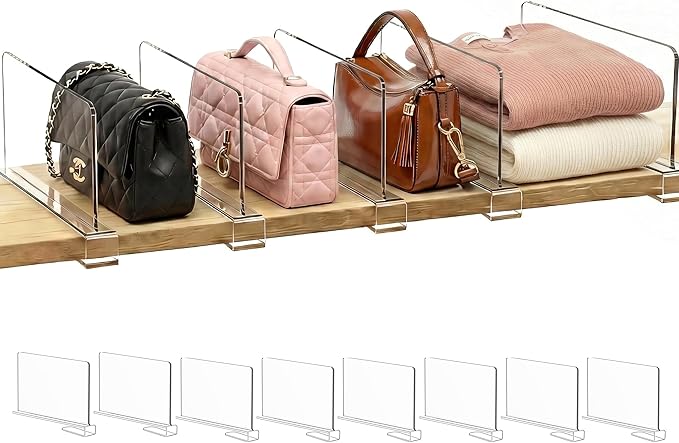 SortNStore Shelf Dividers Purse Organizer for Closet: 6-inch Tall(Shorter Version) Acrylic Handbag Organizer - Small Space Separator for Clutches Evening Bags Pouches Mini-Bags on Wood Shelves 8-Pack